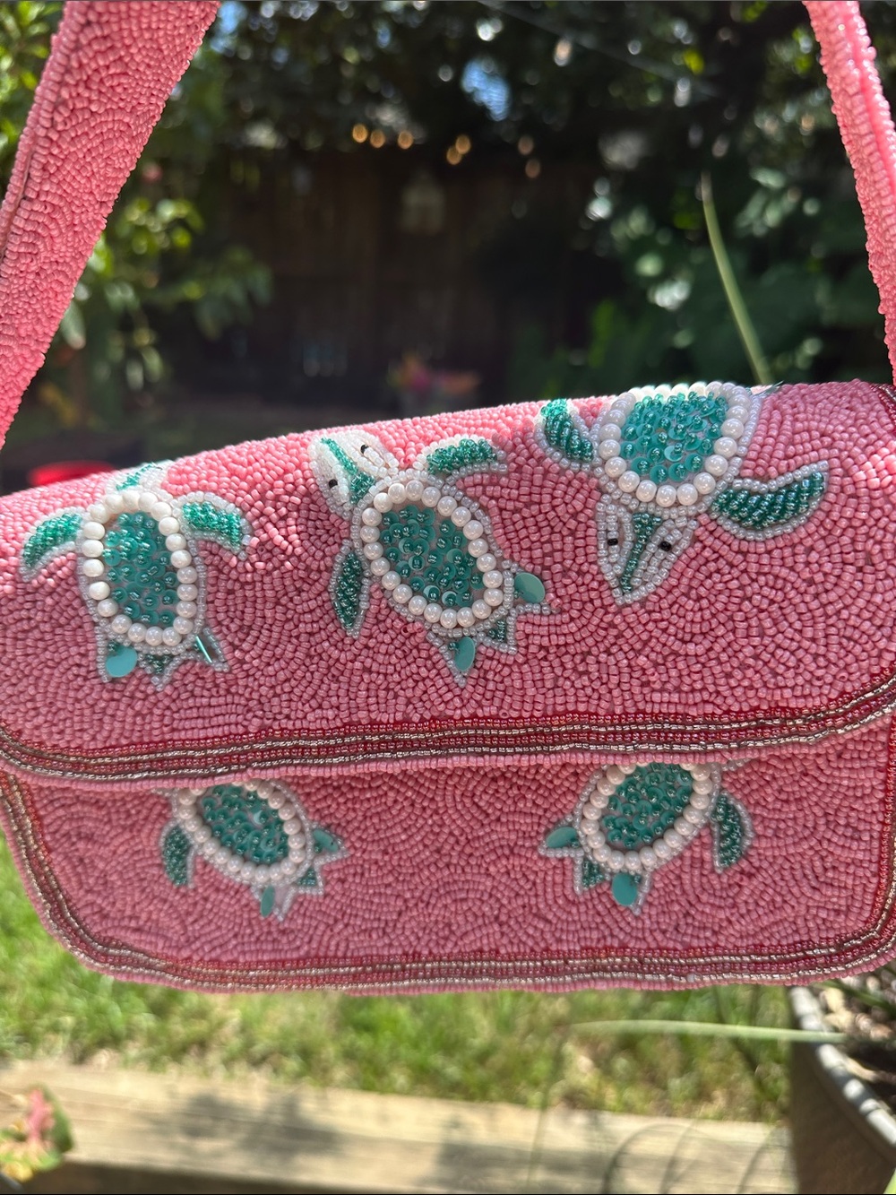 Pink Beaded Turtle Shoulder Bag Handmade in India - Picture 3 of 4